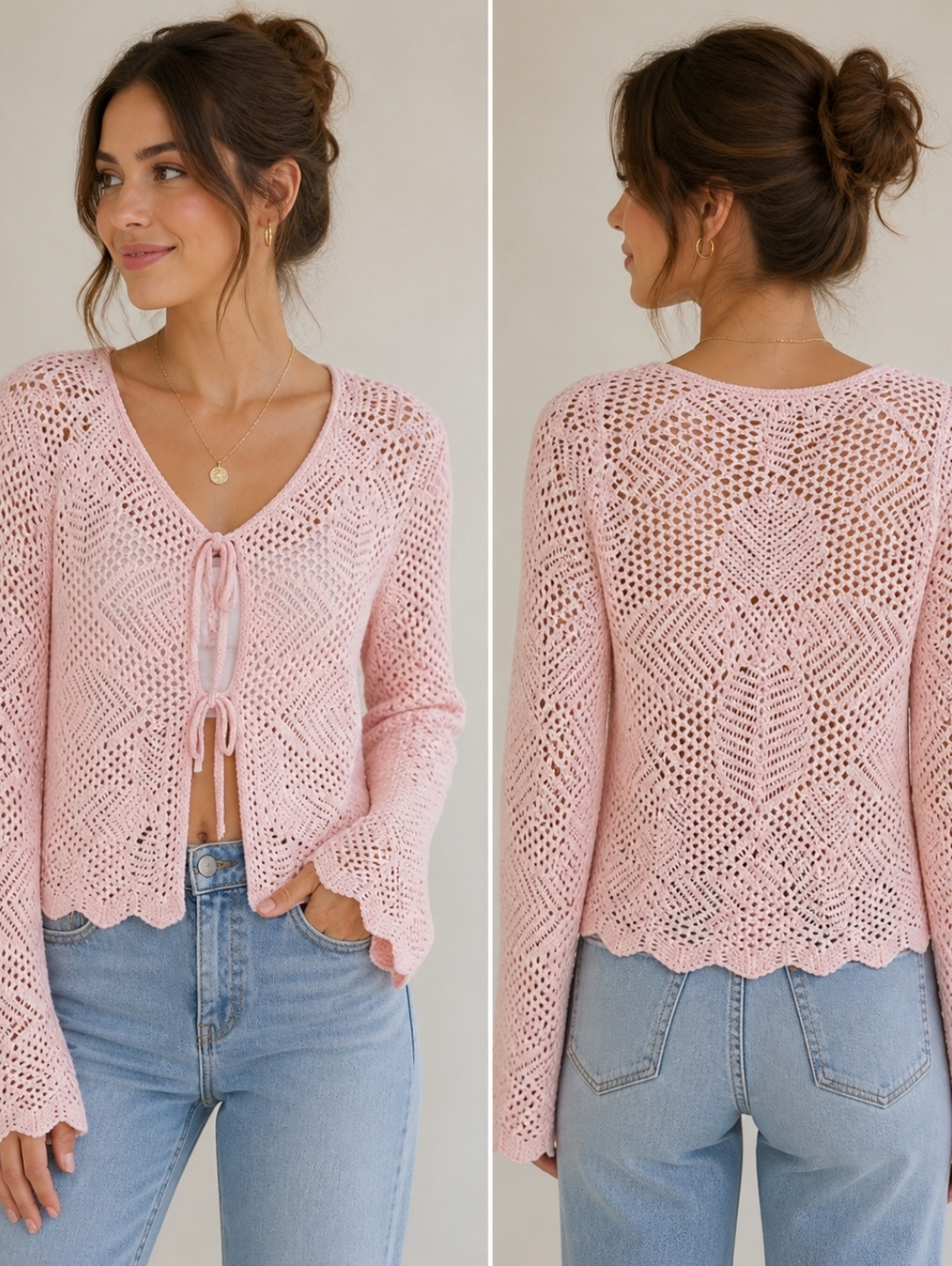 Celebrity Pink Crochet Tie Cardigan XS Boho Feminine
